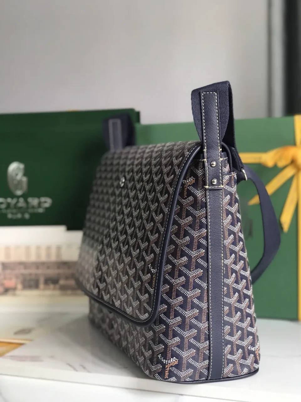 Goyard Saigon medium black chevron canvas and leather messenger bag with adjustable strap