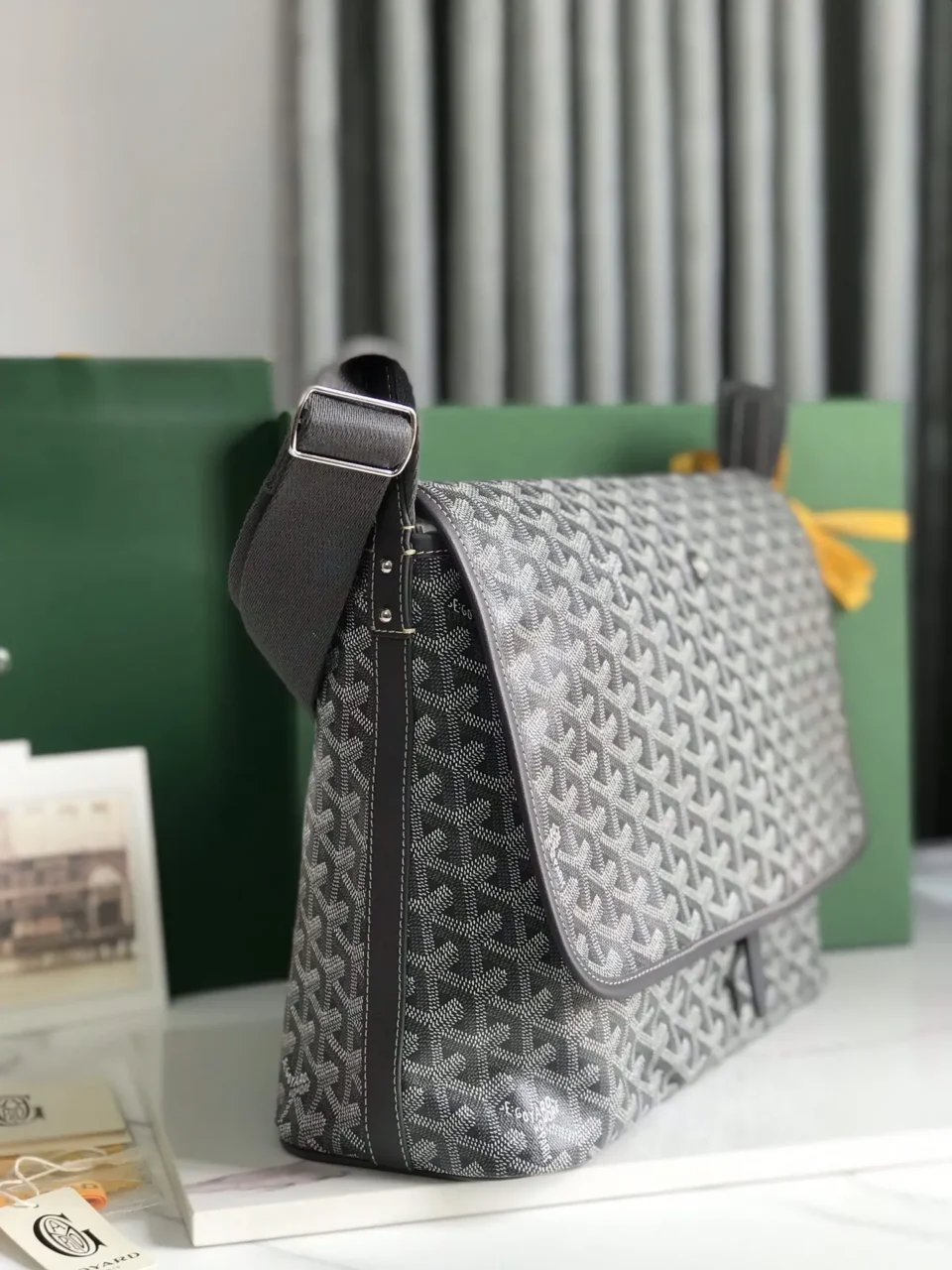 Goyard Messenger Bag GM medium gray signature canvas leather trim adjustable strap