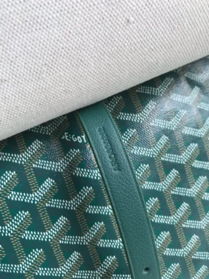 Goyard Citadin Mailman Bag featuring a green patterned design with leather strap and logo detail, highlighting its stylish and functional features for casual and business use.