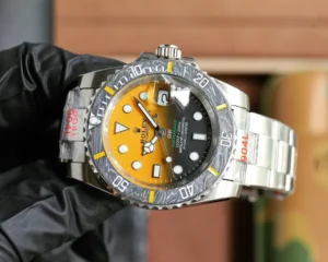 Rolex Submariner yellow and black dial carbon bezel stainless steel watch