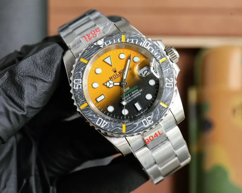 Rolex Submariner DIW yellow and black dial carbon bezel stainless steel watch with date display
