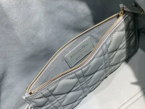 Christian Dior pouch light gray quilted leather pouch with gold zipper and interior tag made in Italy