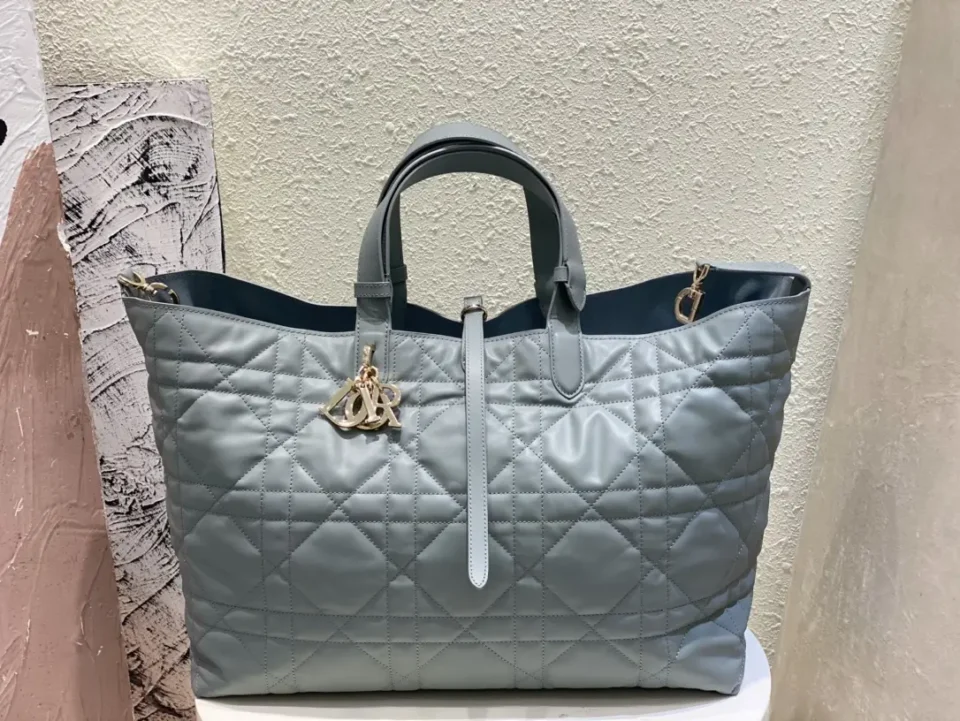 Dior Book Tote large size gray quilted leather bag with gold-tone charms and handles