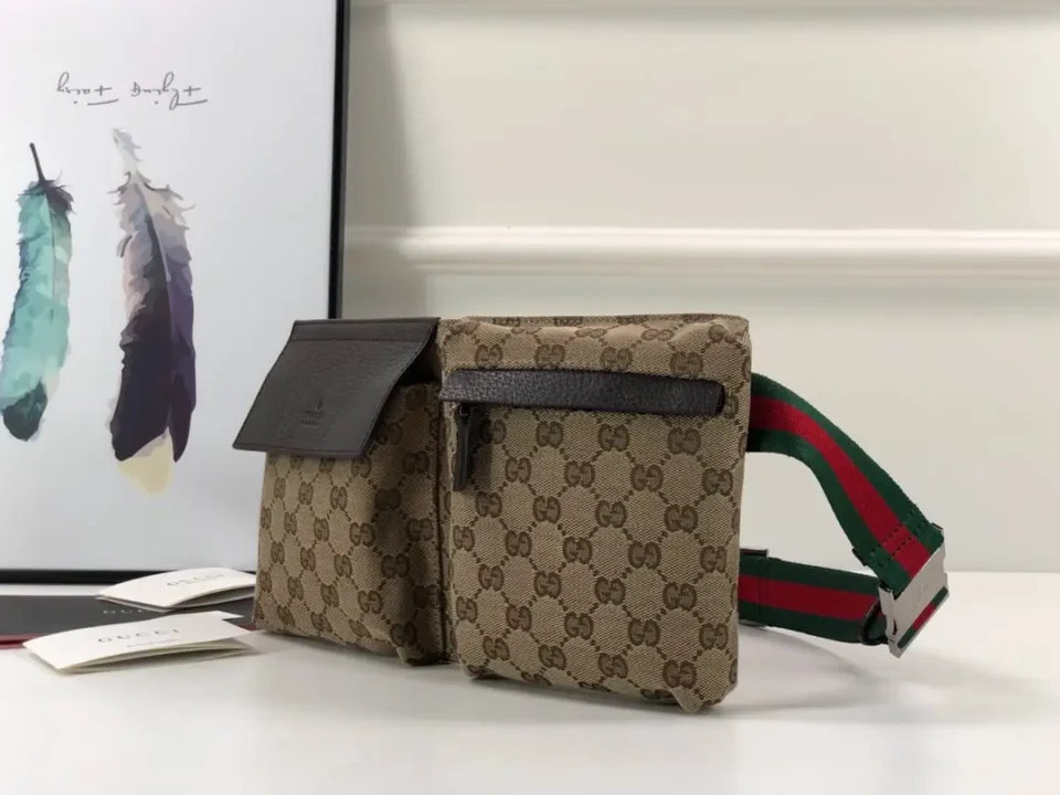 Gucci GG Supreme belt bag brown beige coated canvas green red webbing strap leather trim