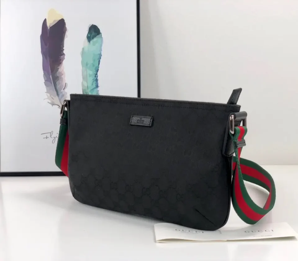 Gucci shoulder bag medium black GG canvas green red webbing strap leather trim