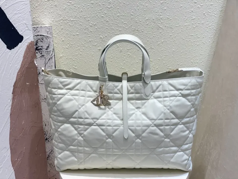 Dior Book Tote large white quilted leather handbag with gold-tone hardware charm detail