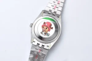 Rolex stainless steel watch with unique engraved cartoon character on the back case and metal bracelet band
