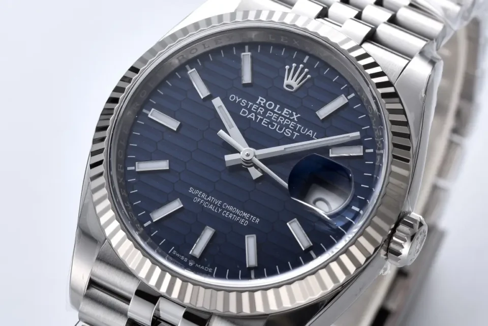 Rolex Datejust blue dial fluted white gold bezel stainless steel Oyster Perpetual watch