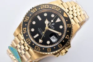 Rolex GMT-Master II black dial ceramic bezel yellow gold case watch