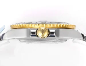 Rolex GMT-Master II white dial yellow gold bezel stainless steel watch side view with crown logo