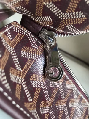 Goyard Bag Chevron Pattern Red Brown Coated Canvas Leather Trim with Silver Zipper Pull Close-up