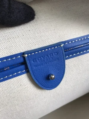 Goyard Saint Louis tote bag small blue leather trim white canvas material with silver rivet detail