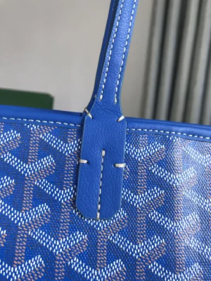 Goyard Saint Louis PM tote bag blue chevron canvas with leather trim and white stitching detail