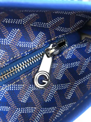 Goyard tote bag leather blue monogram canvas with silver zipper pull detail