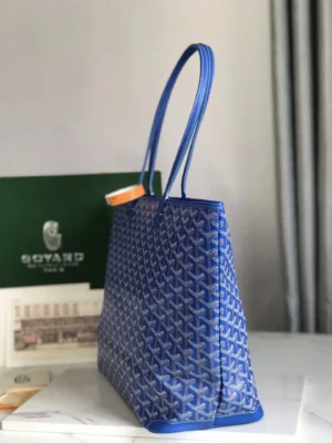 Goyard Saint Louis PM tote bag blue chevron coated canvas with leather trim and handles