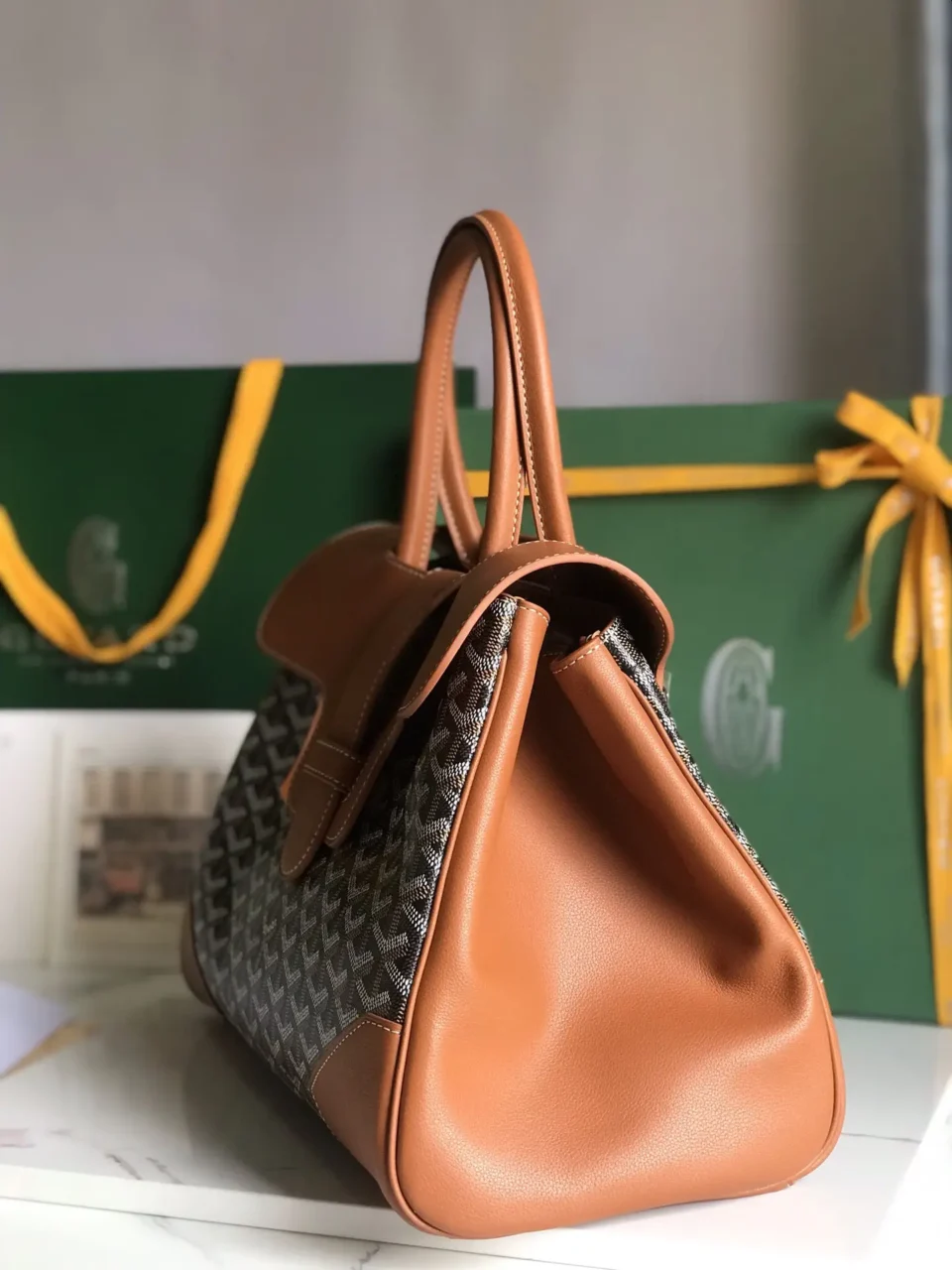 Goyard Saint Louis PM Medium brown leather and signature canvas tote bag with double top handles