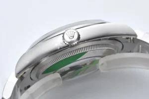 Rolex Oyster Perpetual silver dial stainless steel case stainless steel watch side view showing crown logo