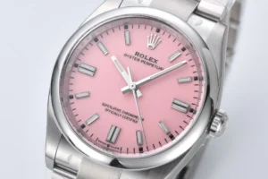 Rolex Oyster Perpetual pink dial smooth bezel stainless steel watch