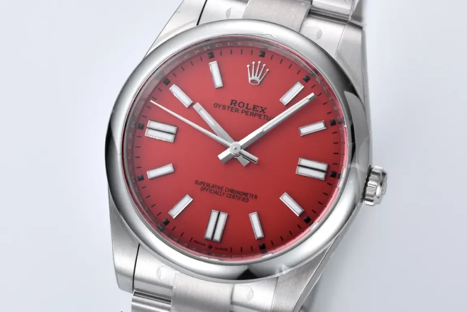 Rolex Oyster Perpetual coral red dial stainless steel bezel stainless steel watch