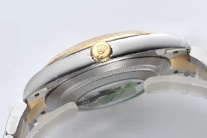 Rolex Submariner 116613LN black dial gold ceramic bezel stainless steel watch side view with crown logo