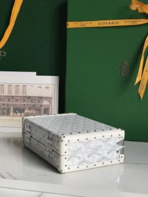 Goyard Almandin small white canvas box bag with rivet details and leather trim