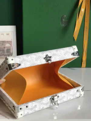 Goyard small leather box white coated canvas with orange leather interior and silver hardware detailing