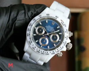 Rolex Daytona blue dial ceramic bezel white ceramic case watch with chronograph subdials and tachymeter scale