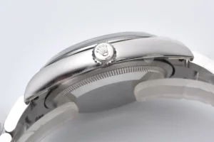 Rolex Oyster Perpetual silver dial stainless steel bezel stainless steel watch side view