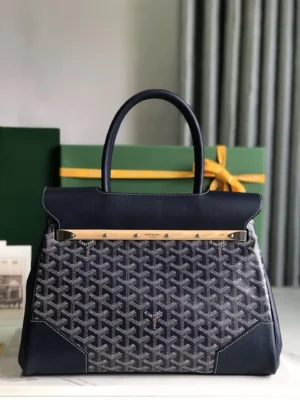 Goyard Saigon Tote Bag in navy, showcasing luxury design with distinctive pattern and elegant hardware, set against a backdrop of gift boxes.