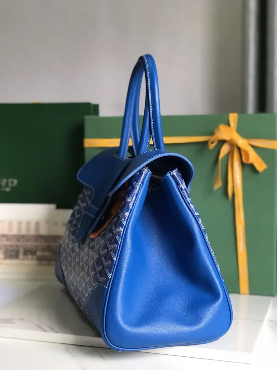 Goyard Anjou 40 blue large tote bag leather and signature canvas with dual top handles