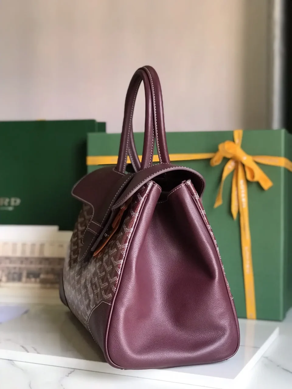 Goyard Saint Louis small tote bag burgundy leather and signature coated canvas with tan leather trim