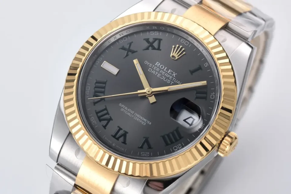 Rolex Datejust black dial yellow gold fluted bezel stainless steel watch