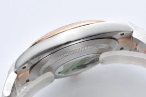 Rolex Datejust 41 Everose Rolesor watch showcasing the side profile with a rose gold and stainless steel case, highlighting the premium craftsmanship and design features.