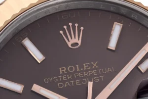 Rolex Datejust brown dial rose gold bezel stainless steel watch with luminescent markers