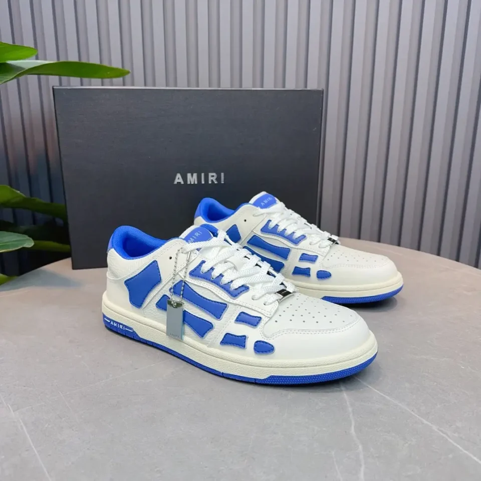 Amiri MX-1 white blue colorway leather sneakers with silver tag and blue sole detail