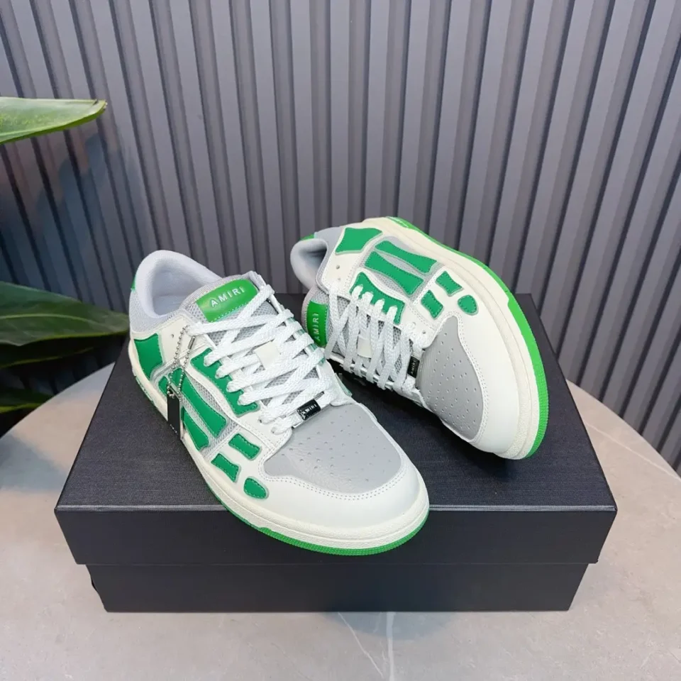 Amiri Skel Top Low white gray green leather sneakers with perforated toe box and signature branding