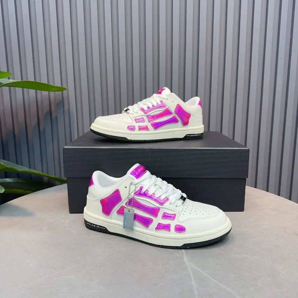 Amiri Skel Top low sneakers white pink reflective leather with black sole and signature tag