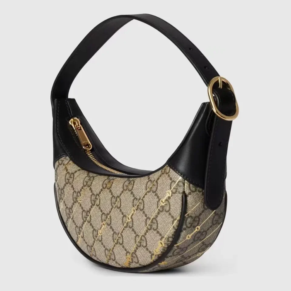 Gucci Jackie 1961 small shoulder bag beige GG canvas black leather gold buckle hardware