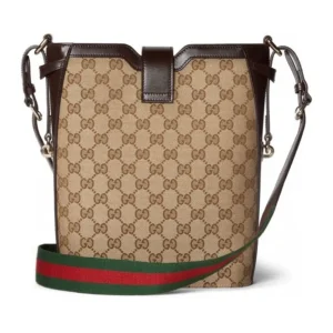 Gucci Ophidia 29 cm beige GG canvas bag with brown leather trim and green red web strap