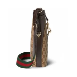 Gucci Ophidia GG medium beige canvas bag with brown leather trim and green red striped strap