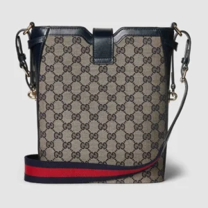 Gucci GG Supreme crossbody bag medium beige canvas navy leather trim adjustable strap