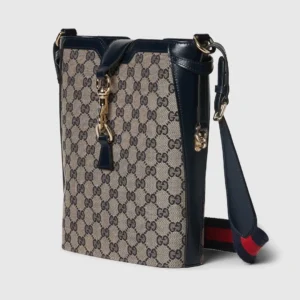 Gucci Jackie 1961 medium beige blue leather canvas crossbody bag with gold hardware and web strap