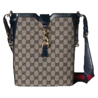 Gucci Jackie 1961 small shoulder bag beige brown GG canvas blue black leather trim