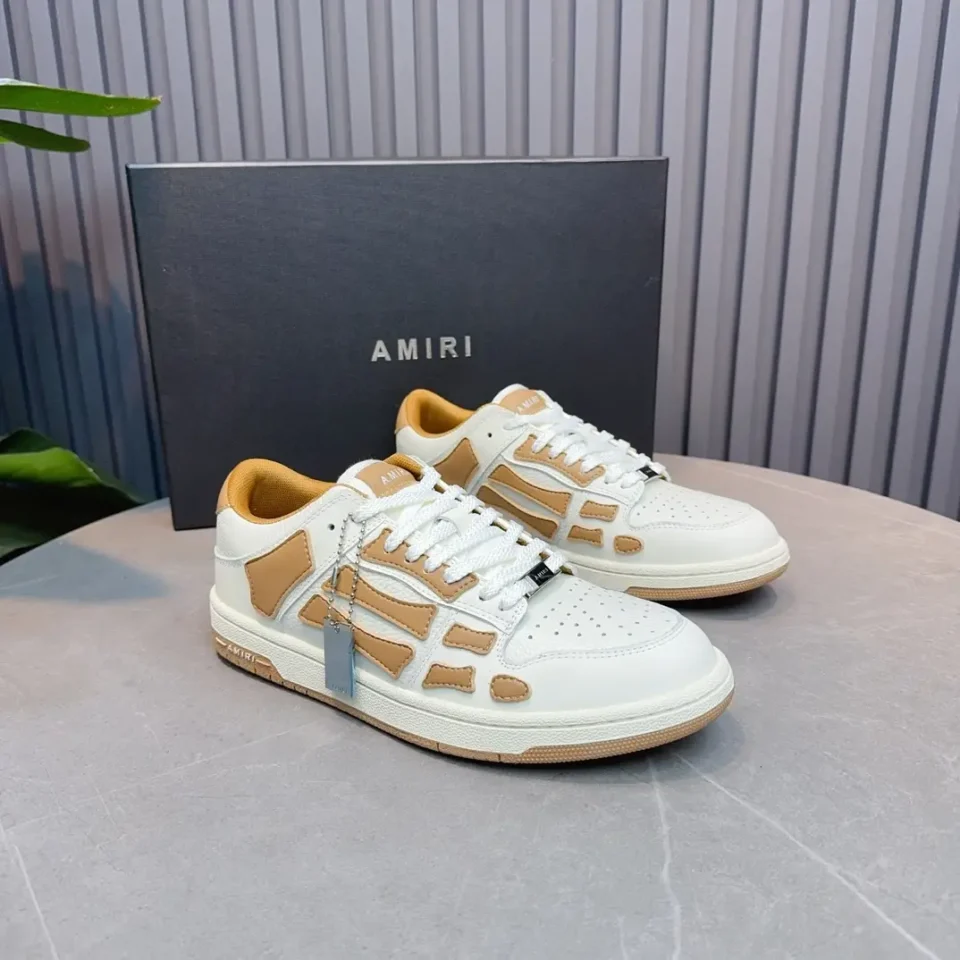 Amiri Skel Top Low white tan leather sneakers with tan leather accents and white sole