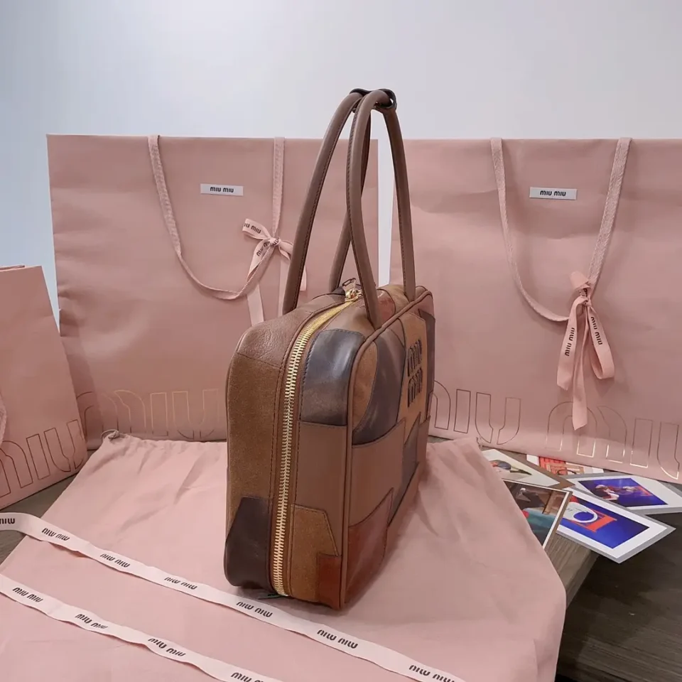 Miu Miu Matelass&eacute; 23 leather patchwork small tote bag brown multicolor leather