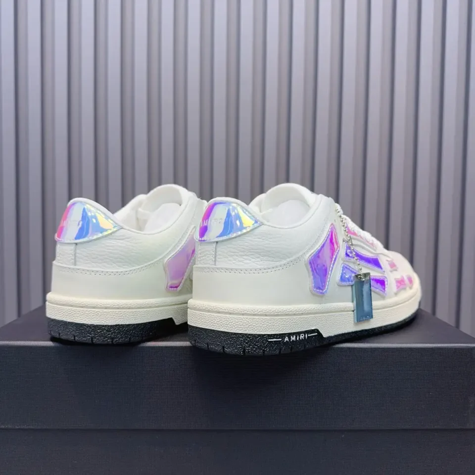 Amiri Skel Top Low White iridescent leather sneakers with black rubber sole