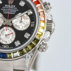 Rolex Daytona 116595RBOW black dial rainbow sapphire bezel white gold watch with diamond accents