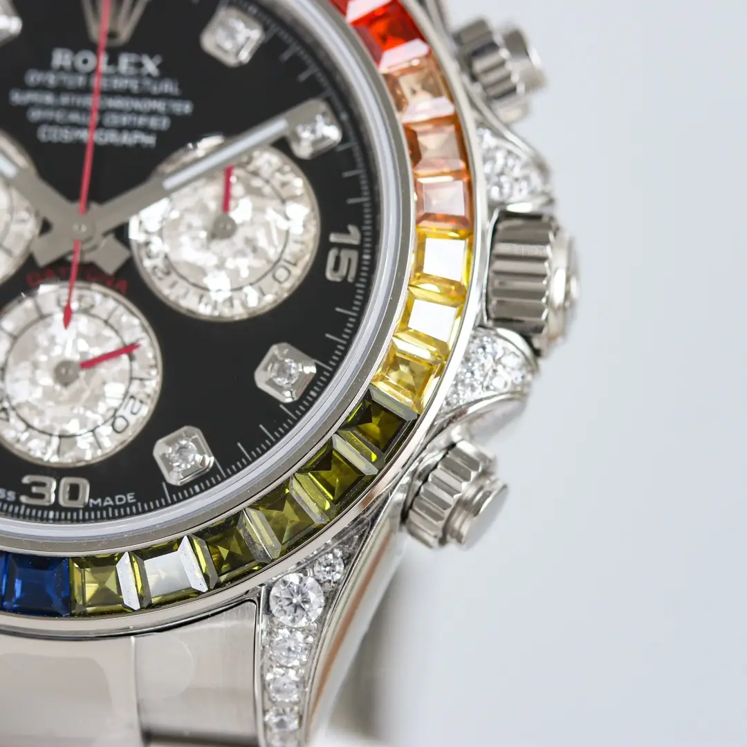 Rolex Daytona 116595RBOW black dial rainbow sapphire bezel white gold watch with diamond accents