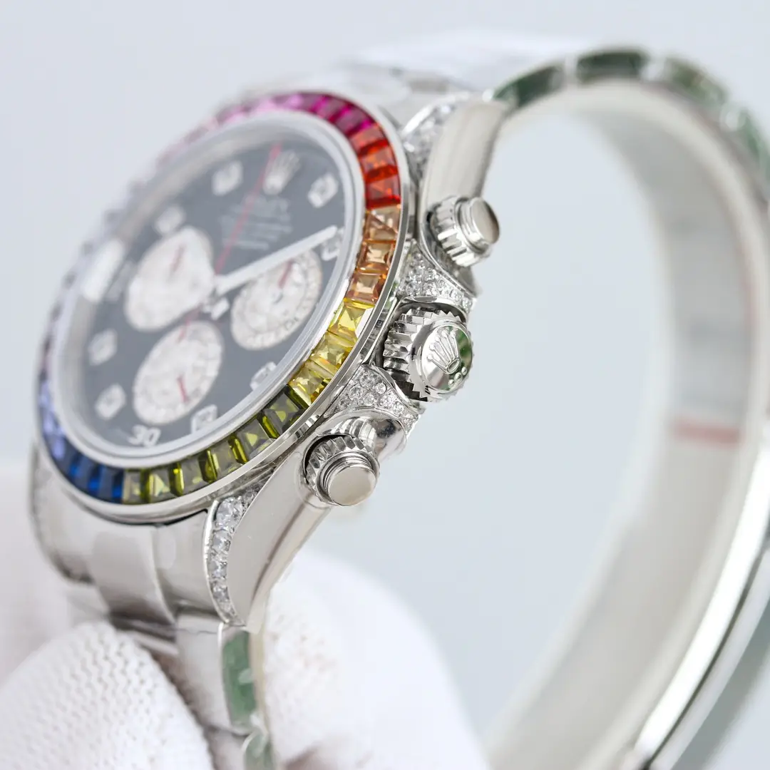 Rolex Daytona Rainbow black dial multi-color sapphire bezel diamond stainless steel watch