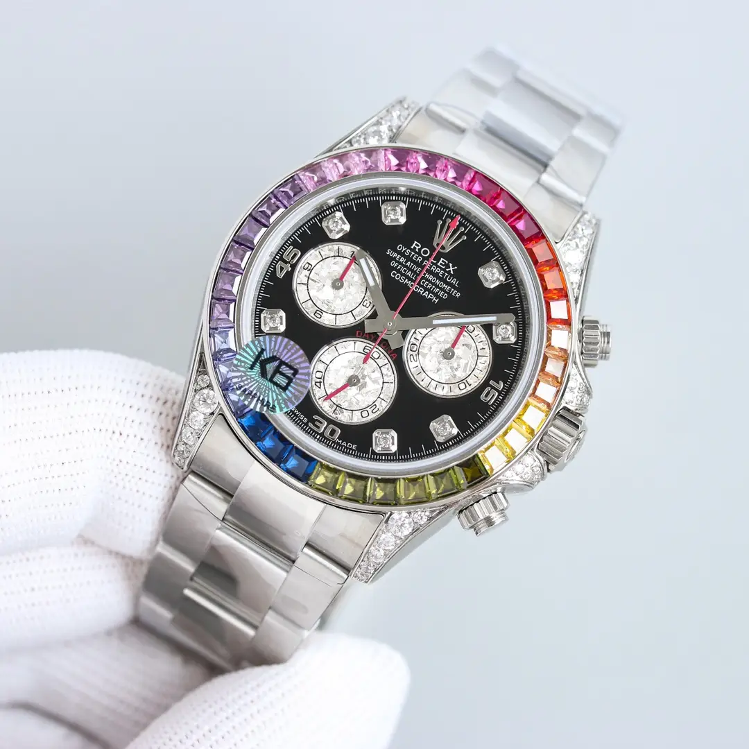 Rolex Daytona rainbow bezel black dial diamond markers stainless steel watch